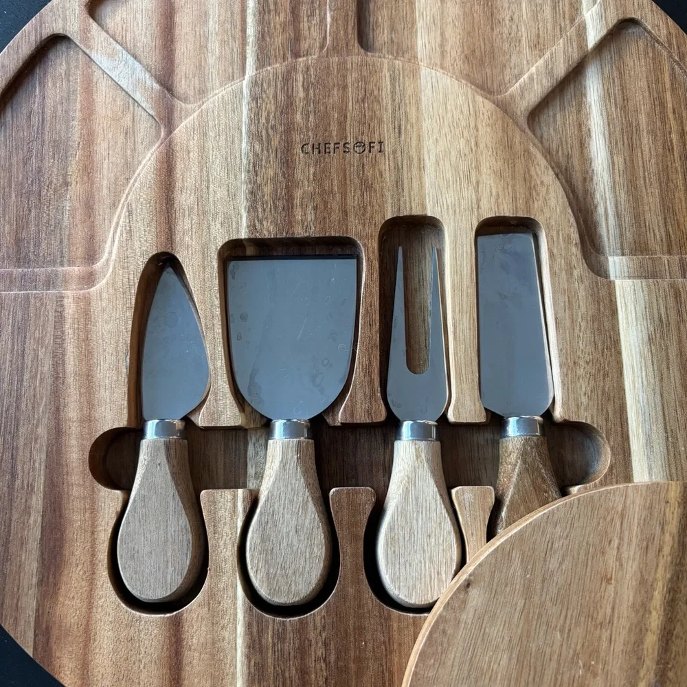 ChefSofi Acacia Wooden Swivel Charcuterie Board with 4 Utensils